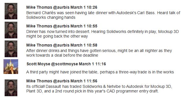 CADCenter Fake Twitter feed - Autodesk to acquire Solidworks & Netvibe in exchange for Plant 3D & Mockup 3D