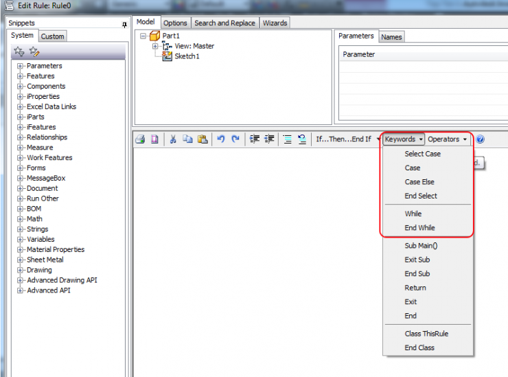 iLogic Edit Rule dialogue keywords dropdown