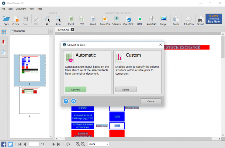 Able2Extract - Excel Auto Vs Custom