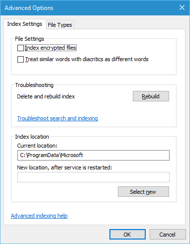 The Advanced Options for indexing is where you can go to rebuild the index with the new location.
