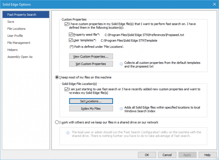 From the Solid Edge Options dialog, the Set Locations... button will take you to Windows Indexing Options.