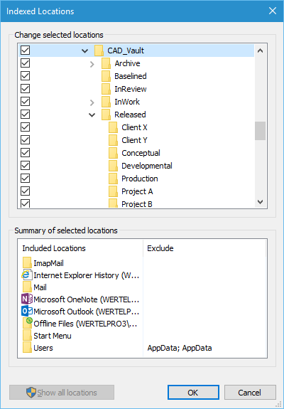 Select the CAD library top-level folder and all its subfolders for indexing.
