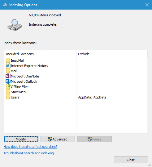Windows Indexing Options. Shown here are some default locations already added by Windows.