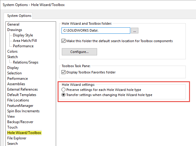 SOLIDWORKS 2018 Hole Wizard Settings